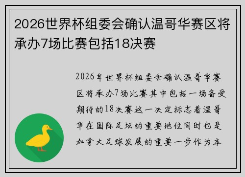 2026世界杯组委会确认温哥华赛区将承办7场比赛包括18决赛
