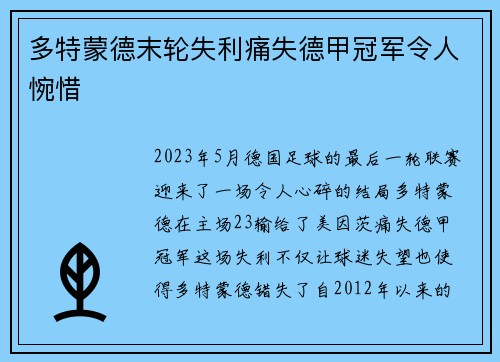 多特蒙德末轮失利痛失德甲冠军令人惋惜 多特蒙德末轮失利痛失德甲冠军令人惋惜